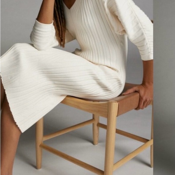 Maeve By Anthropologie Maris Midi V-Neck Sweater Dress Back Split Cream Size M - Picture 2 of 12